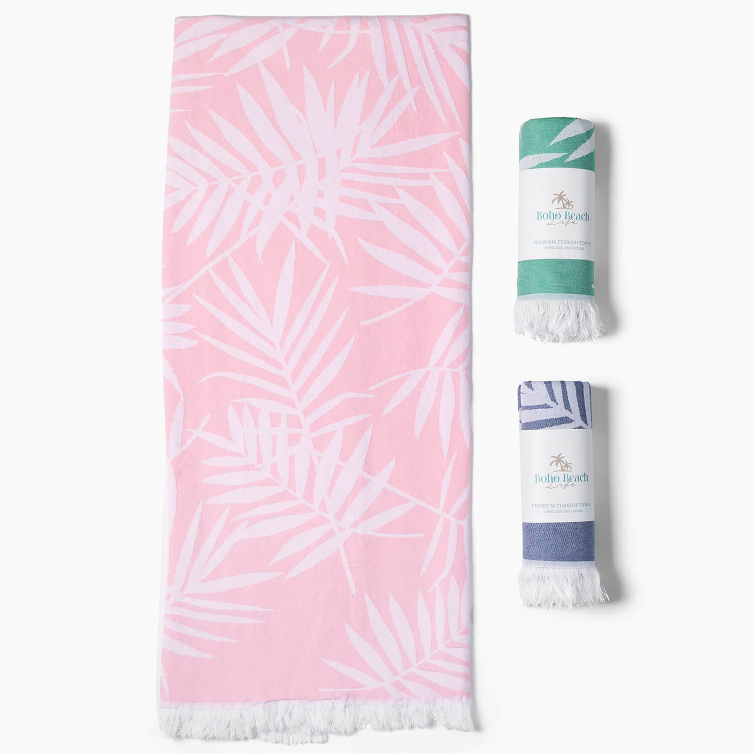 Sand Proof Turkish Beach Towel - Palm Leaf Pattern - Pink