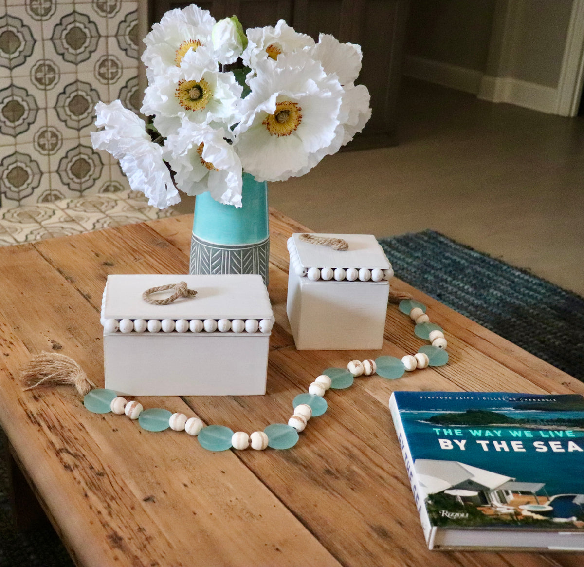 Square Beaded White-Washed Wooden Box with Lid