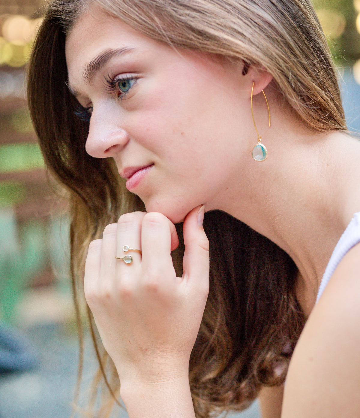 Gold Thread Through Earrings with Gemstone Drop - Aqua