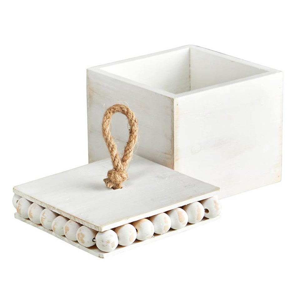 Square Beaded White-Washed Wooden Box with Lid