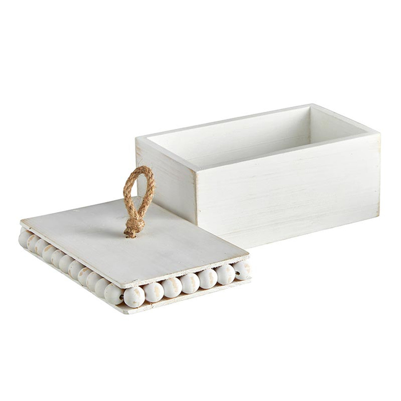 Rectangular Beaded White-Washed Wooden Box with Lid