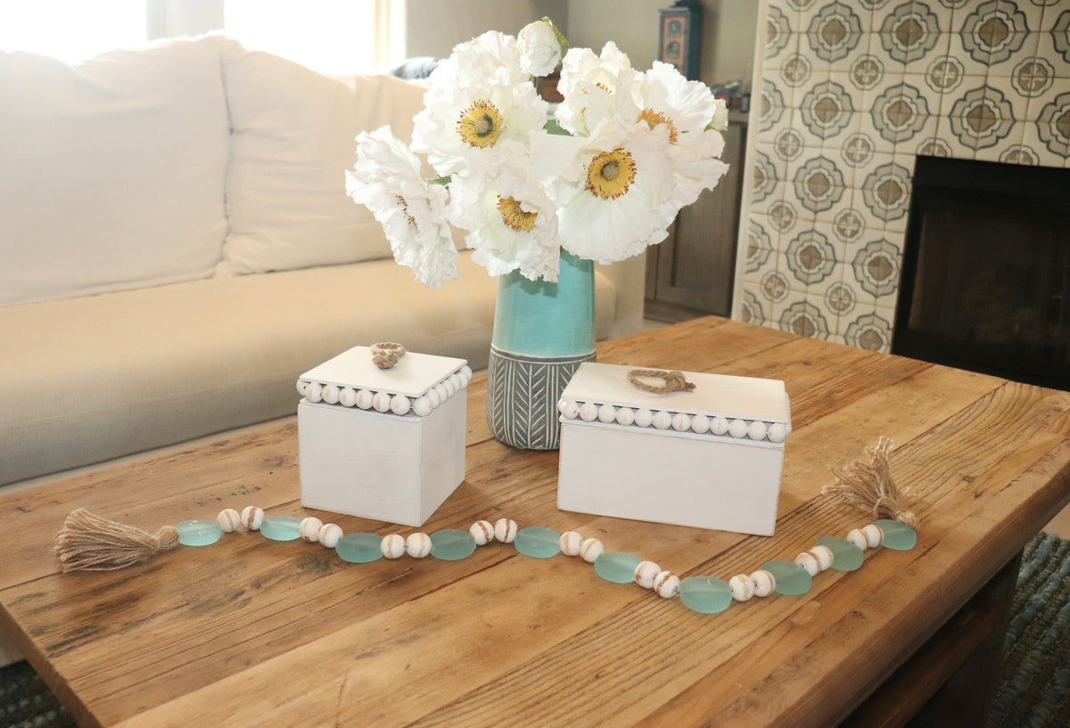 Rectangular Beaded White-Washed Wooden Box with Lid