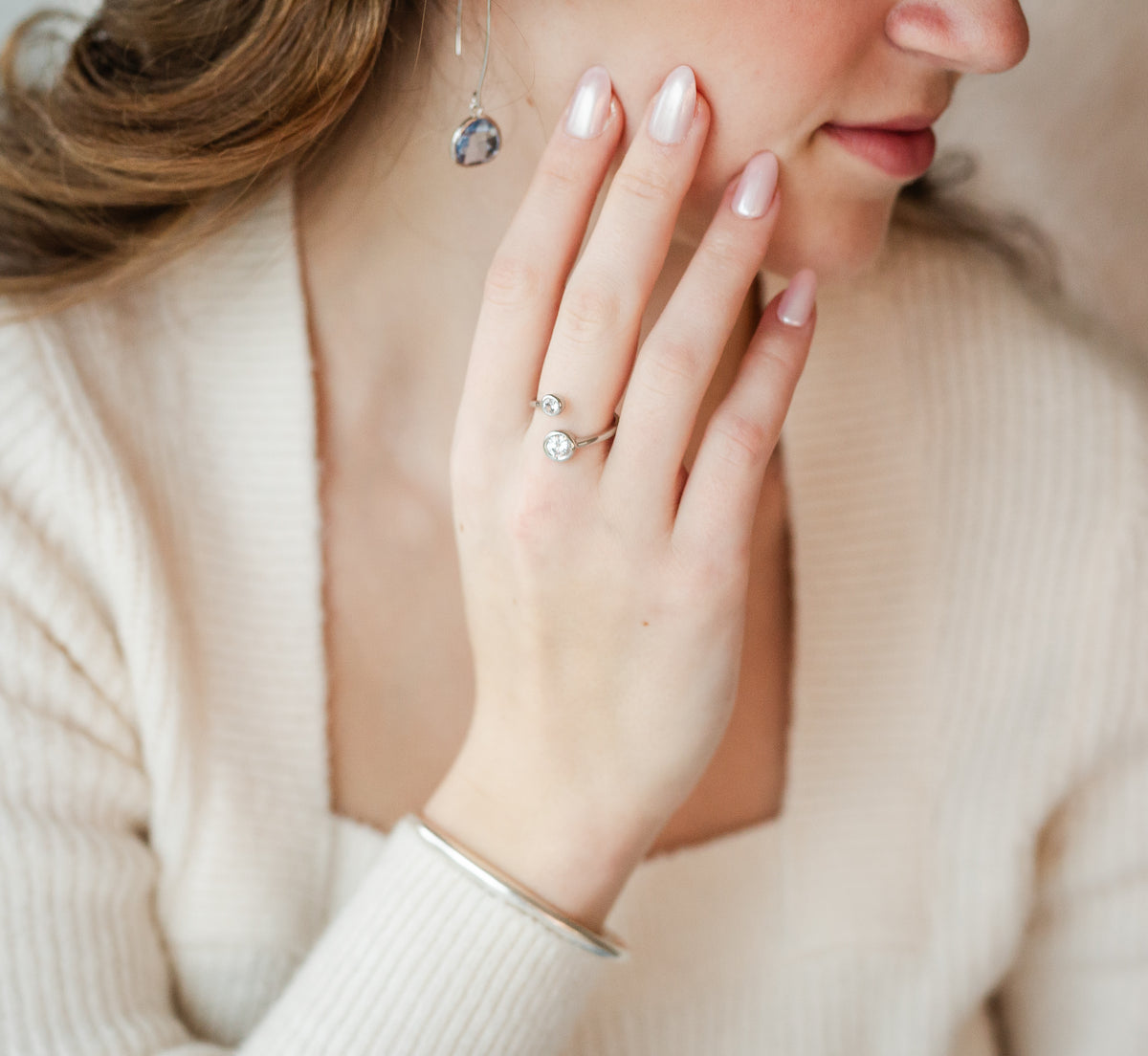 Adjustable Silver Ring with Clear Crystals
