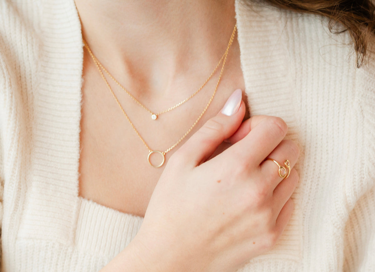 Double Layer Necklace with Framed Cubic Zirconia and Delicate Open Circle (Gold)