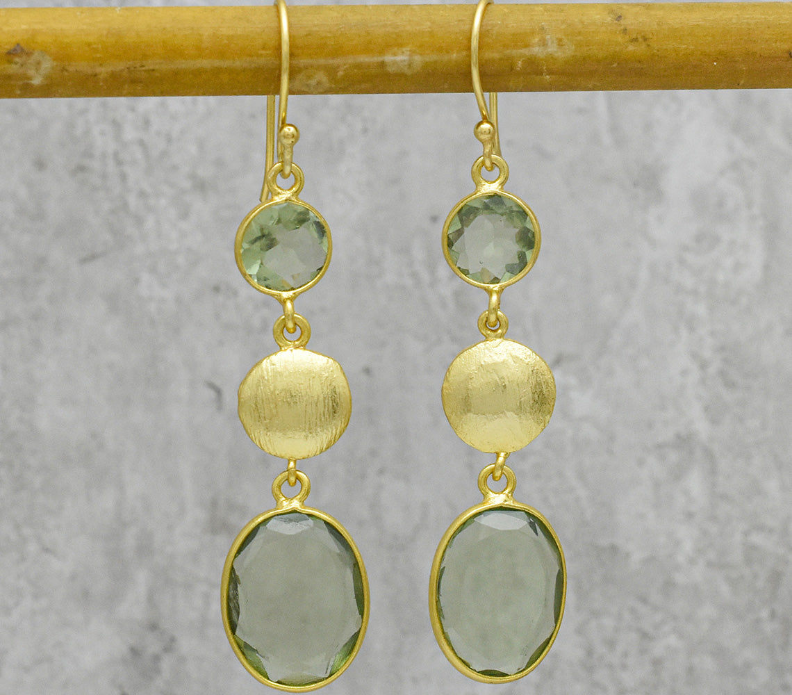Green Crystal & Gold Dangle Earrings (Gold Plated Brass)