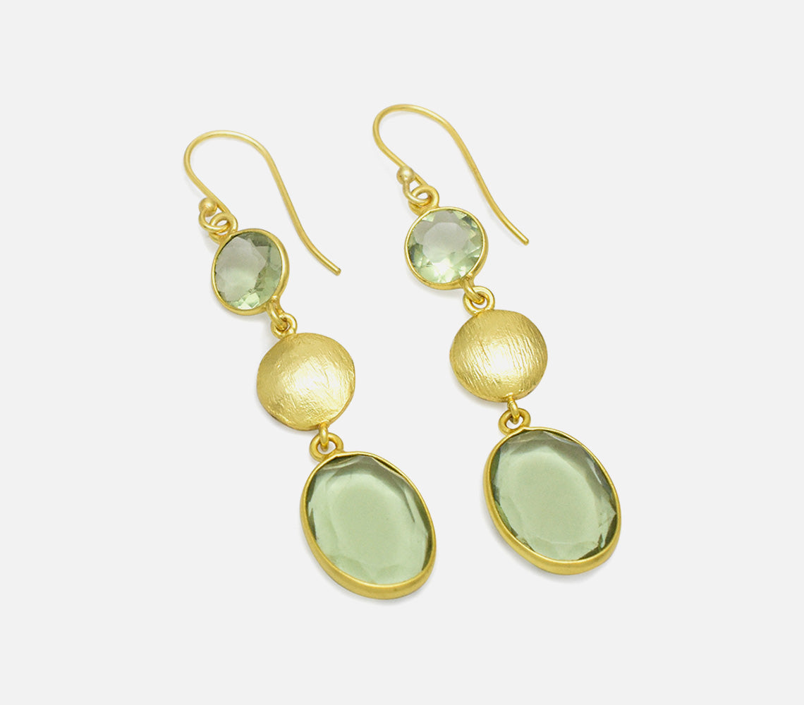 Green Crystal & Gold Dangle Earrings (Gold Plated Brass)