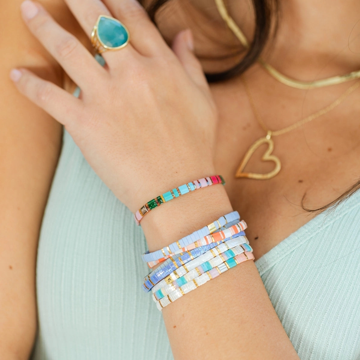 Miyuki Tila Stretch Bracelet - Aqua, Lavender, White