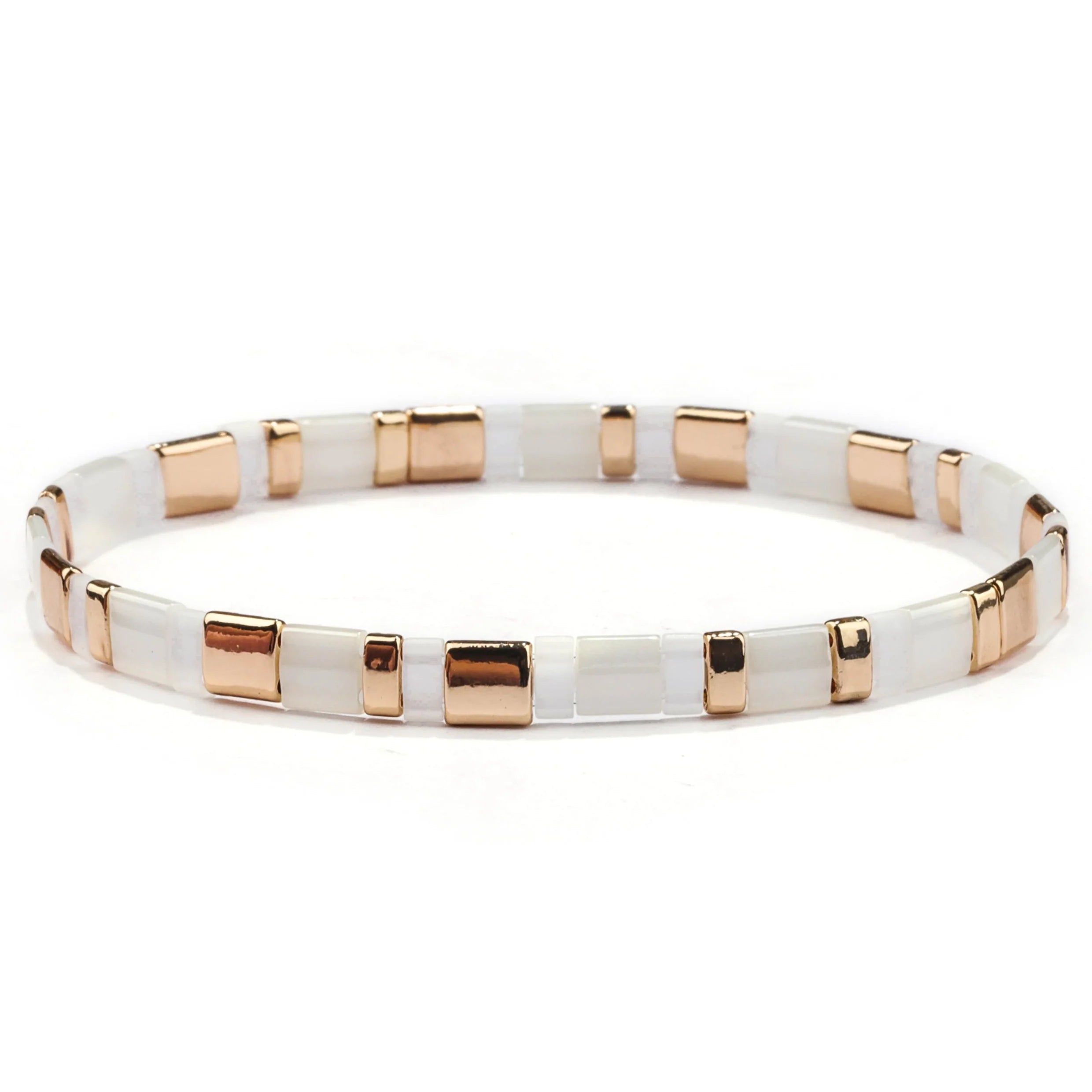 Miyuki Tila Stretch Bracelet - White, Gold