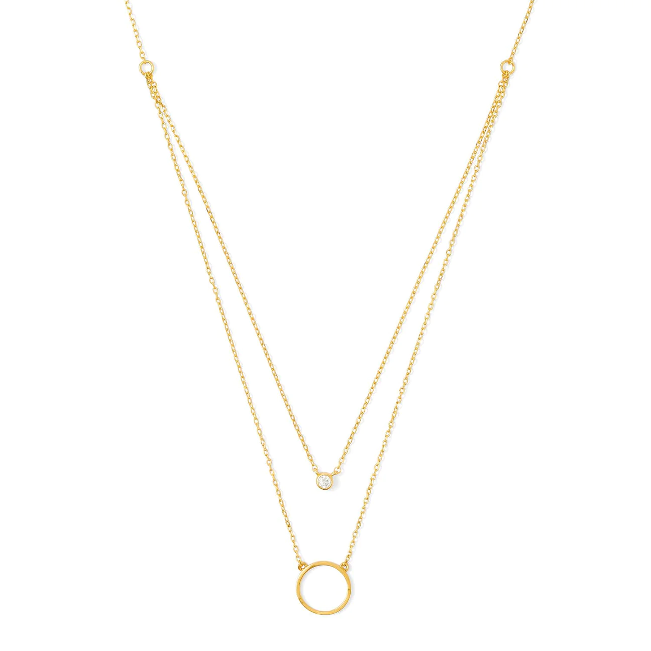 Double Layer Necklace with Framed Cubic Zirconia and Delicate Open Circle (Gold)