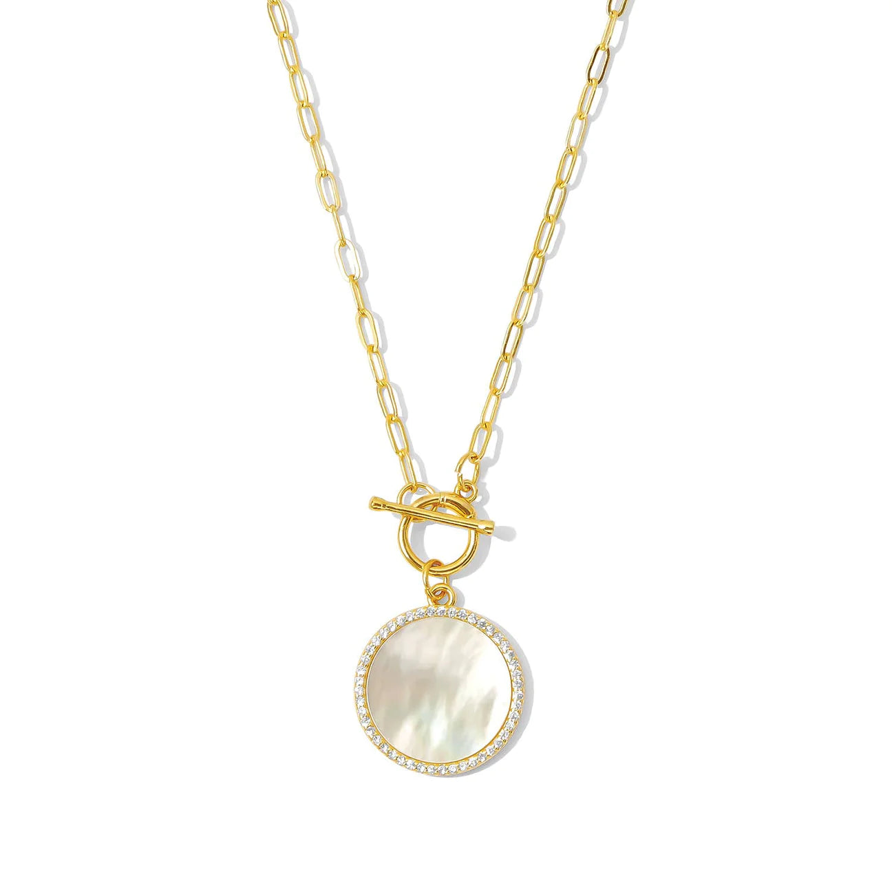 Link Chain Necklace with Mother of Pearl Pendant with Pave Boarder