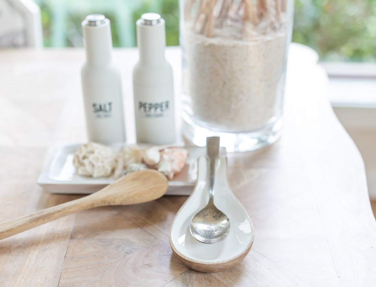 Brown Wood and Beige Enamel Spoon Rest