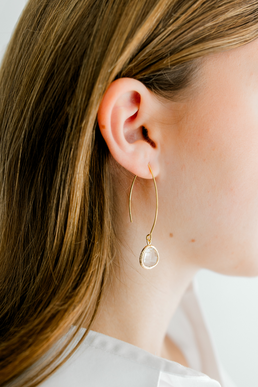 Gold Thread Through Earrings with Gemstone Drop - Clear