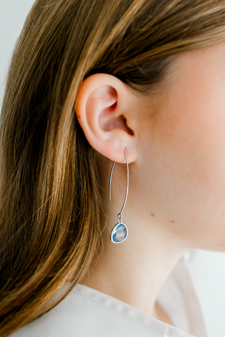 Silver Thread Through Earrings with Gemstone Drop - Cornflower