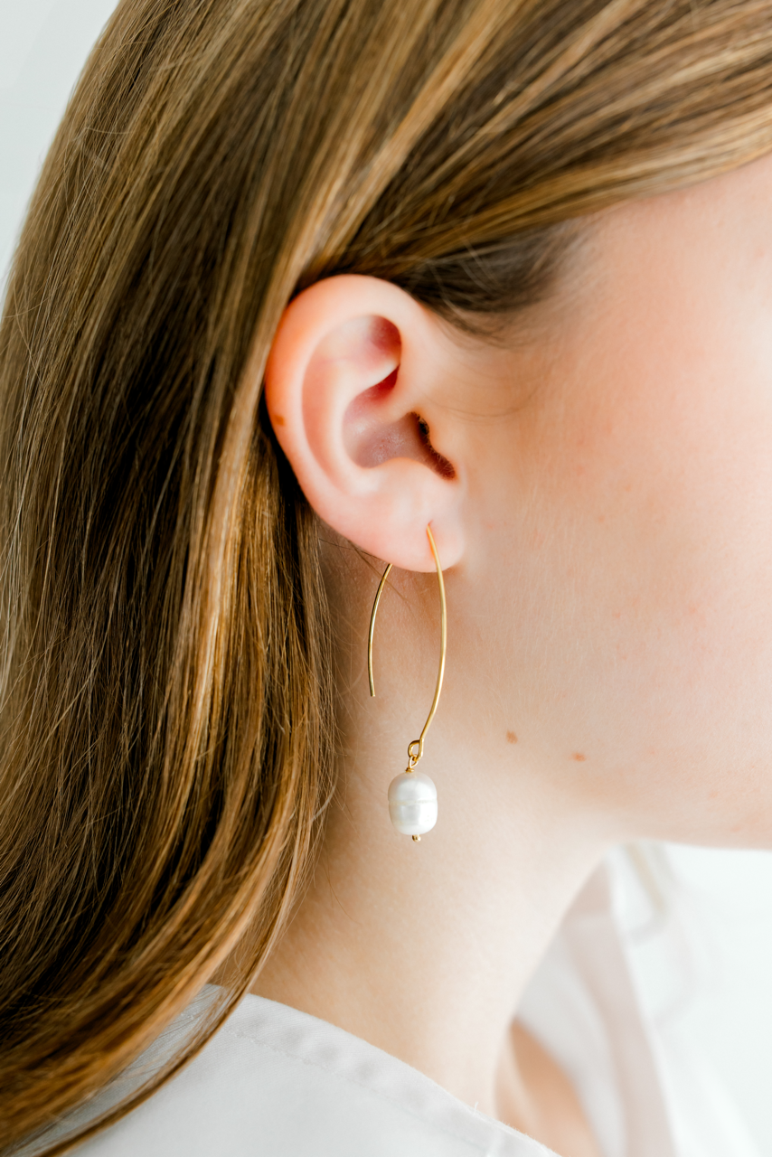 Pearl Drop Thread Through Earrings - Gold with White Pearl