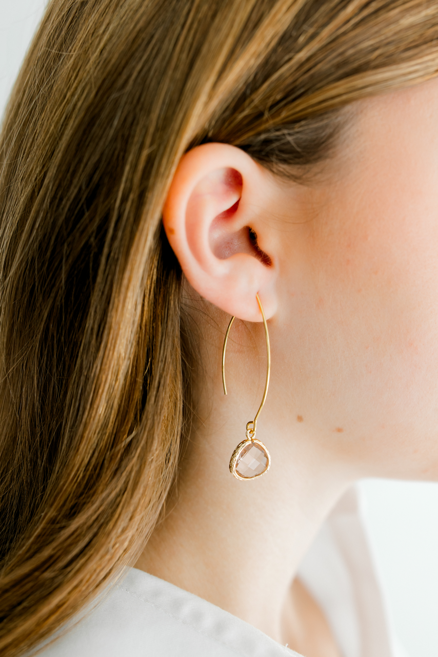 Gold Thread Through Earrings with Gemstone Drop - Peach