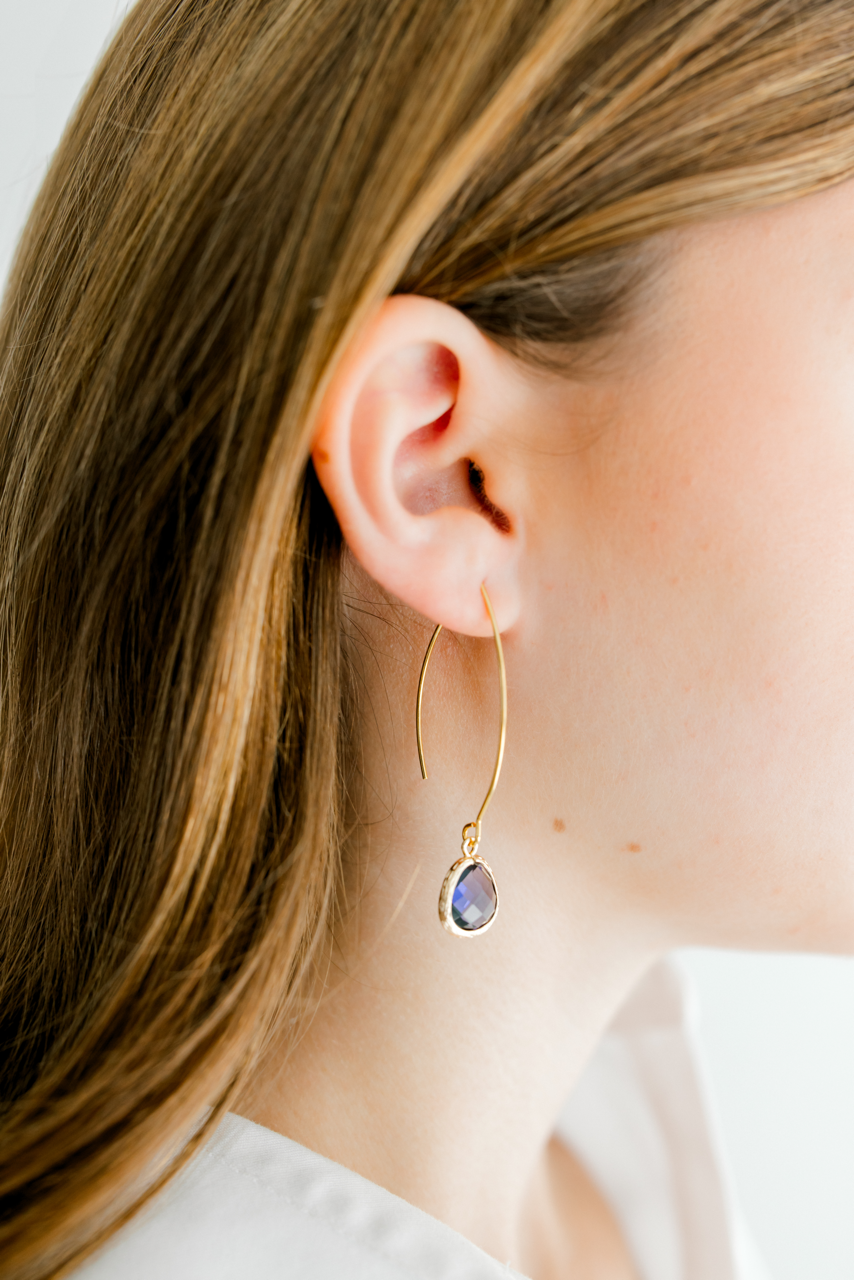 Gold Thread Through Earrings with Gemstone Drop - Plum