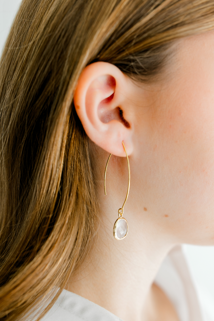 Gold Thread Through Earrings with Gemstone Drop - Rose