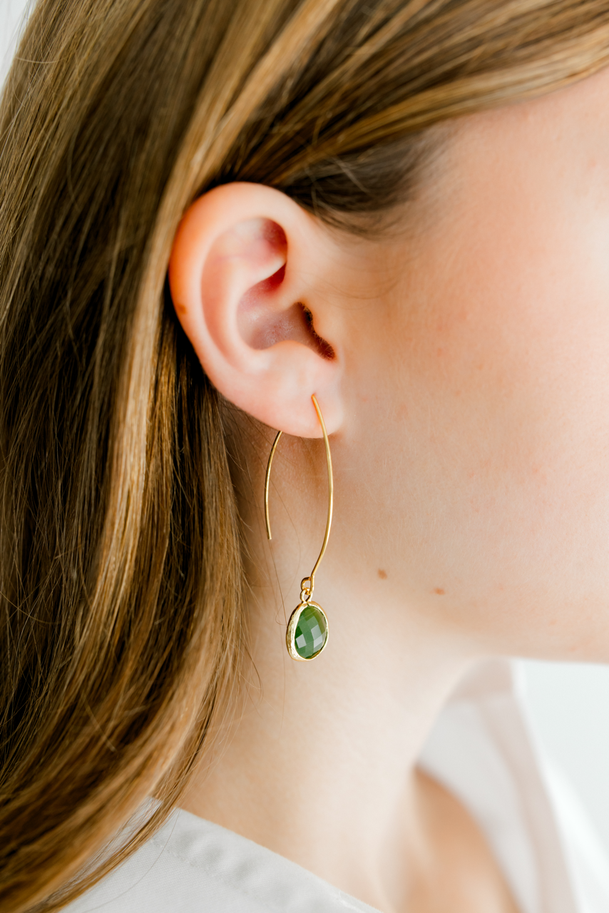 Gold Thread Through Earrings with Gemstone Drop - Sage