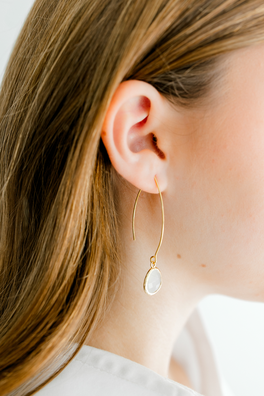 Gold Thread Through Earrings with Gemstone Drop - White Snow