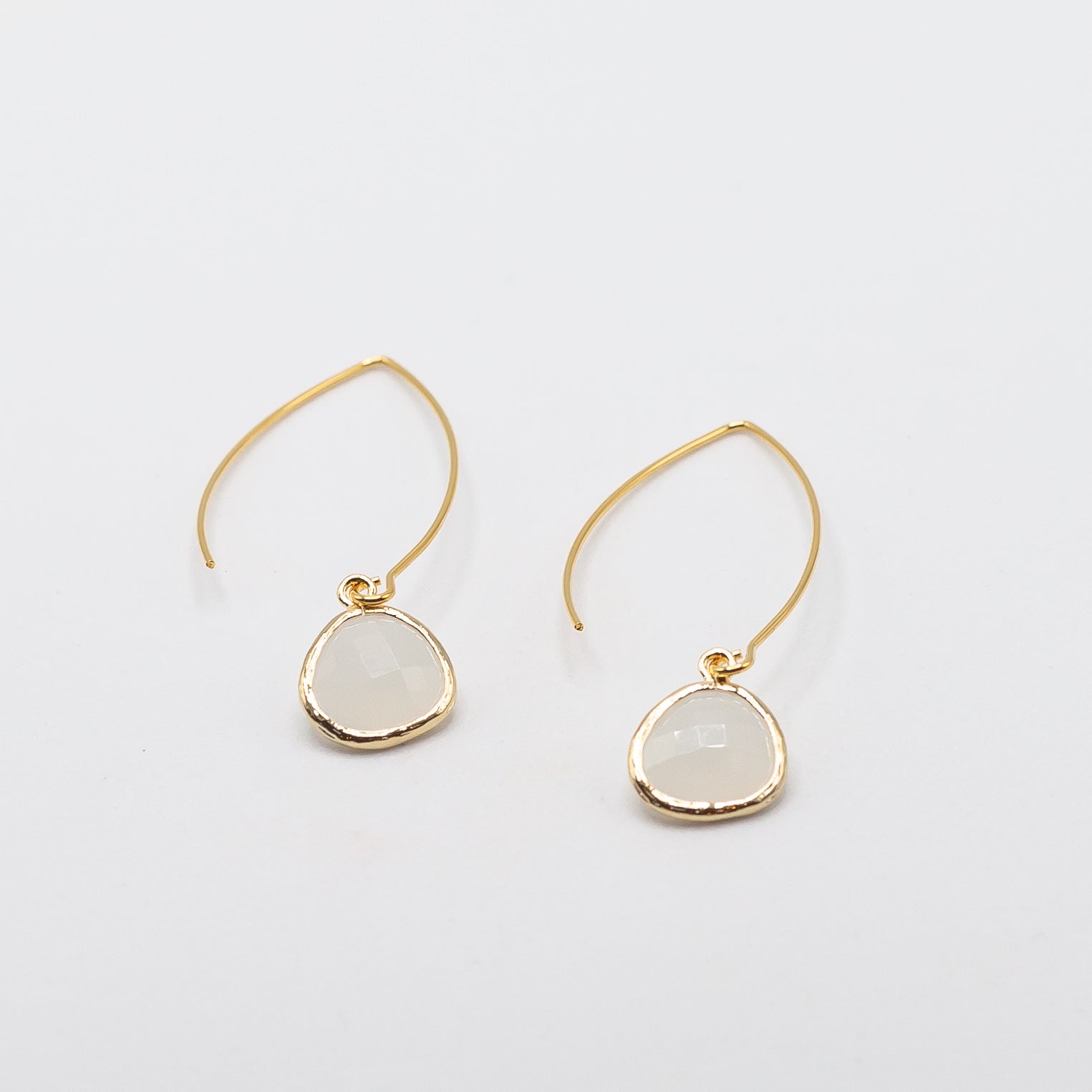 Gold Thread Through Earrings with Gemstone Drop - White Snow